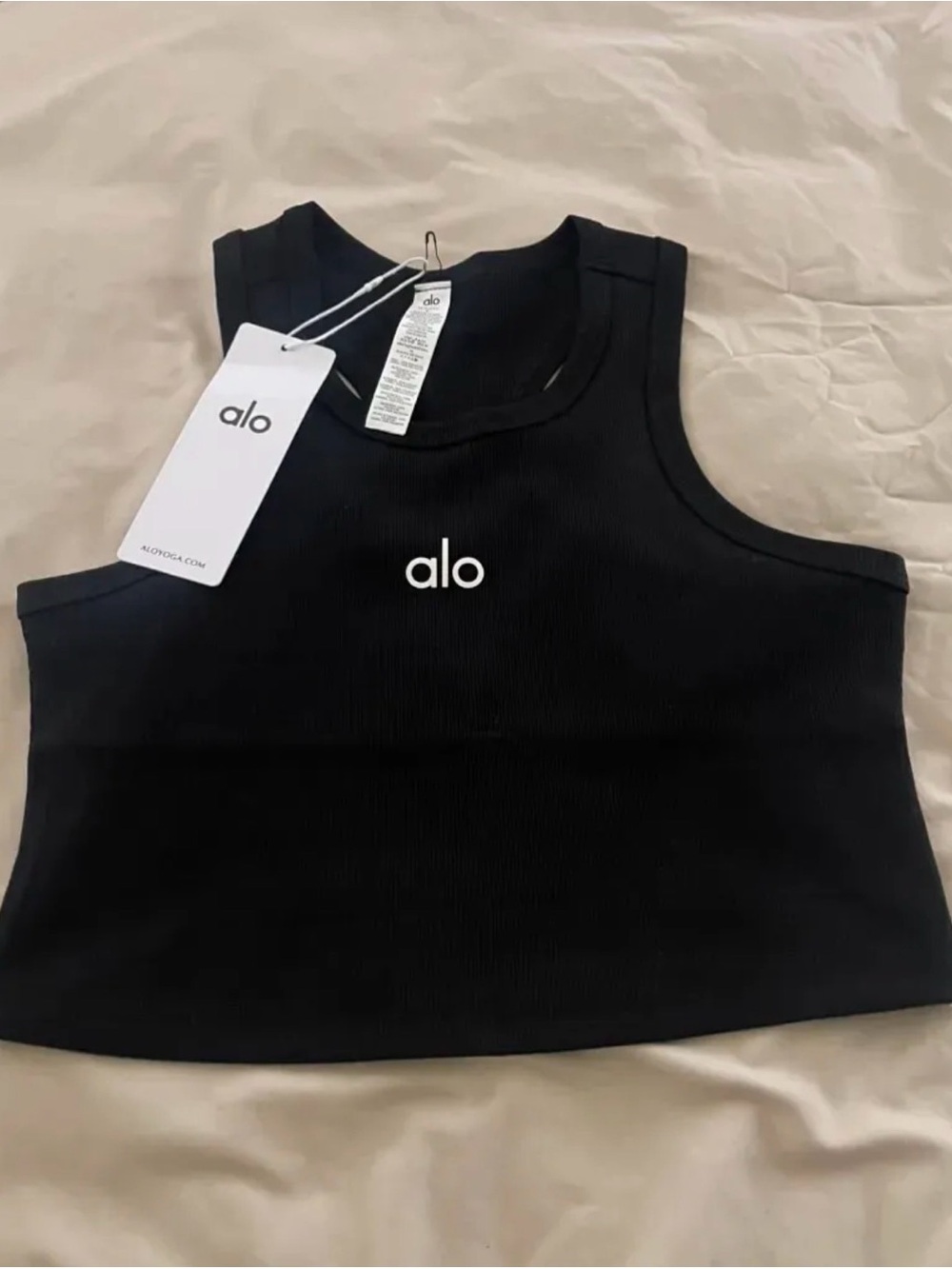 Yoga Black Ribbed Crop Tank Top with Center Logo size S